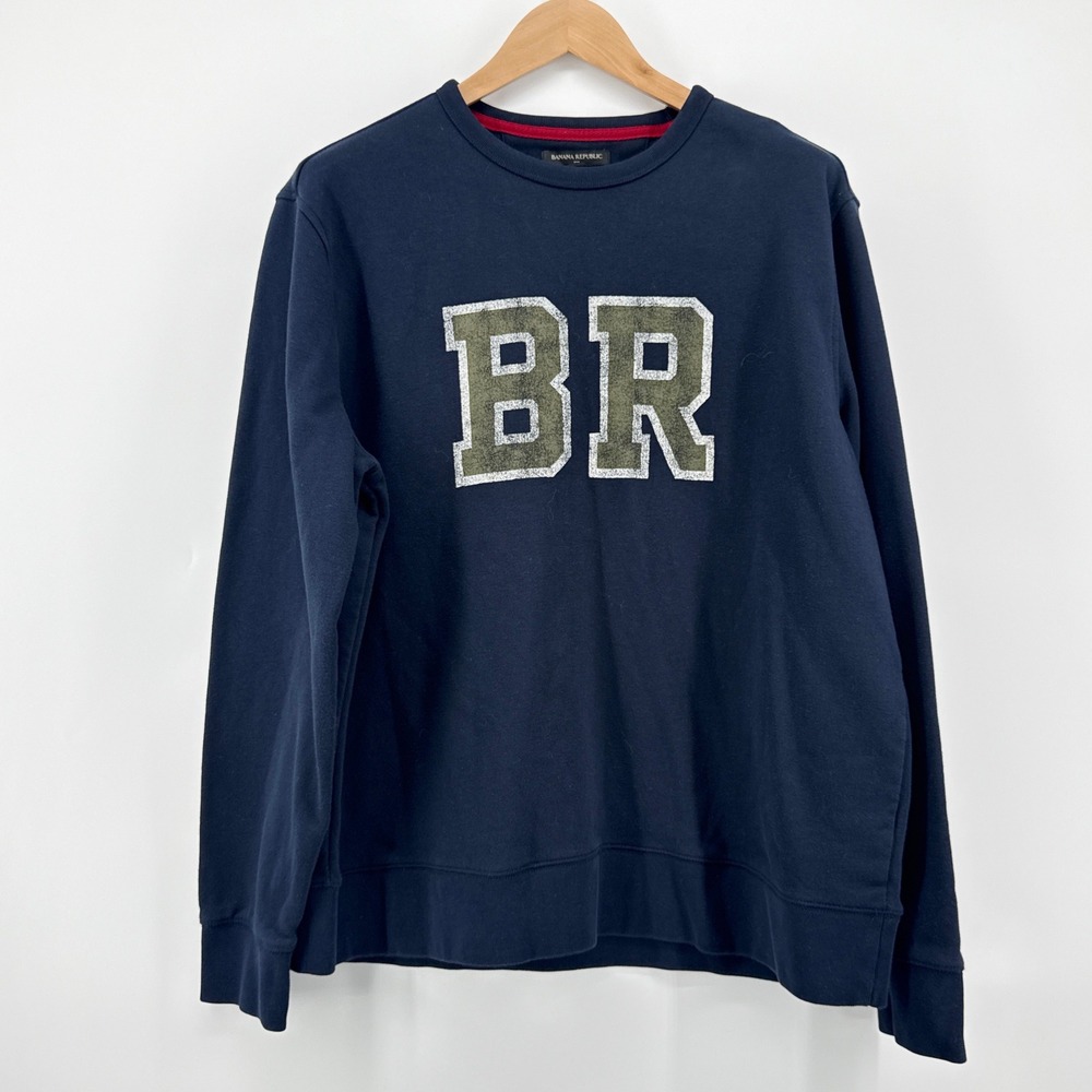 Banana Republic Mens XL Blue BR Logo Crew Neck Pullover Sweatshirt College